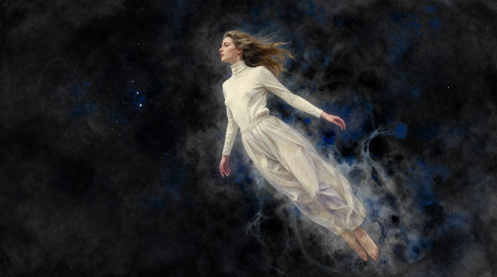 Young woman floating alone in a dark cosmic void