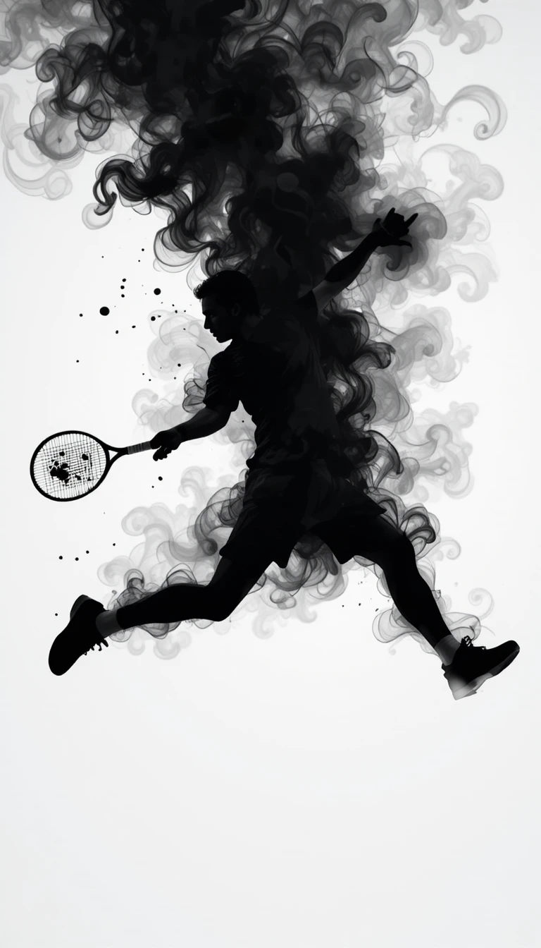 Silhouette dinamica di tennis in vortici di inchiostro nero in movimento