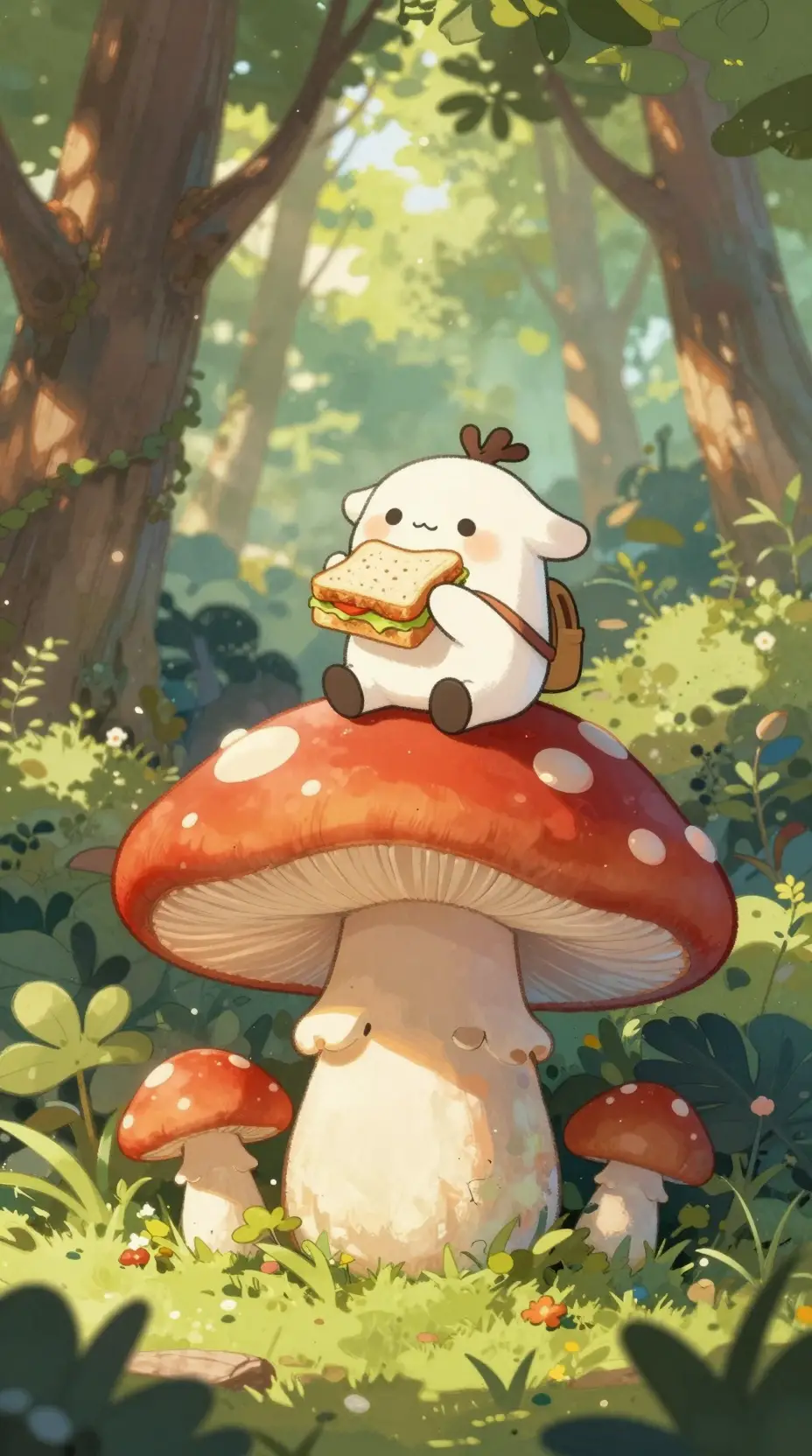 Chibi creature on giant red mushroom eating a sandwich