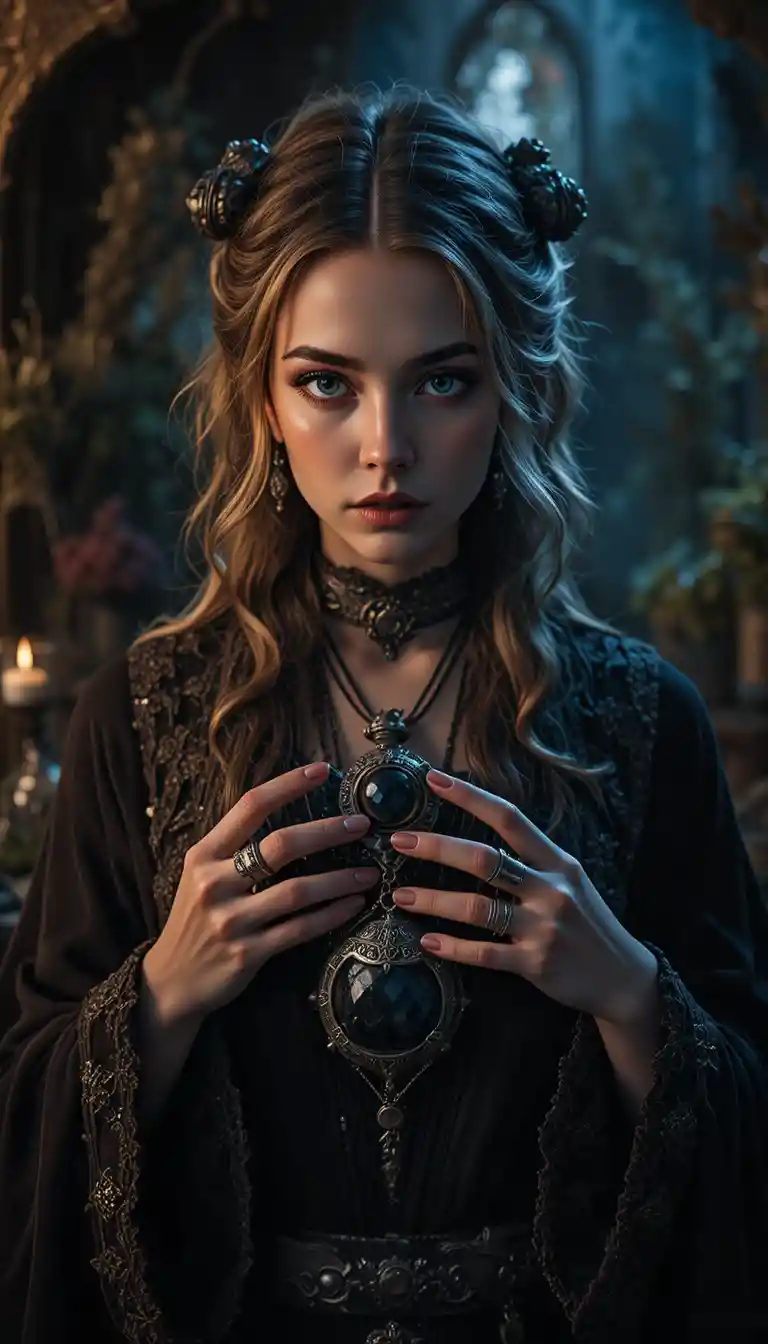 銀のアミュレットを持つ魔女の少女のドラマチックなキャンドルポートレート
