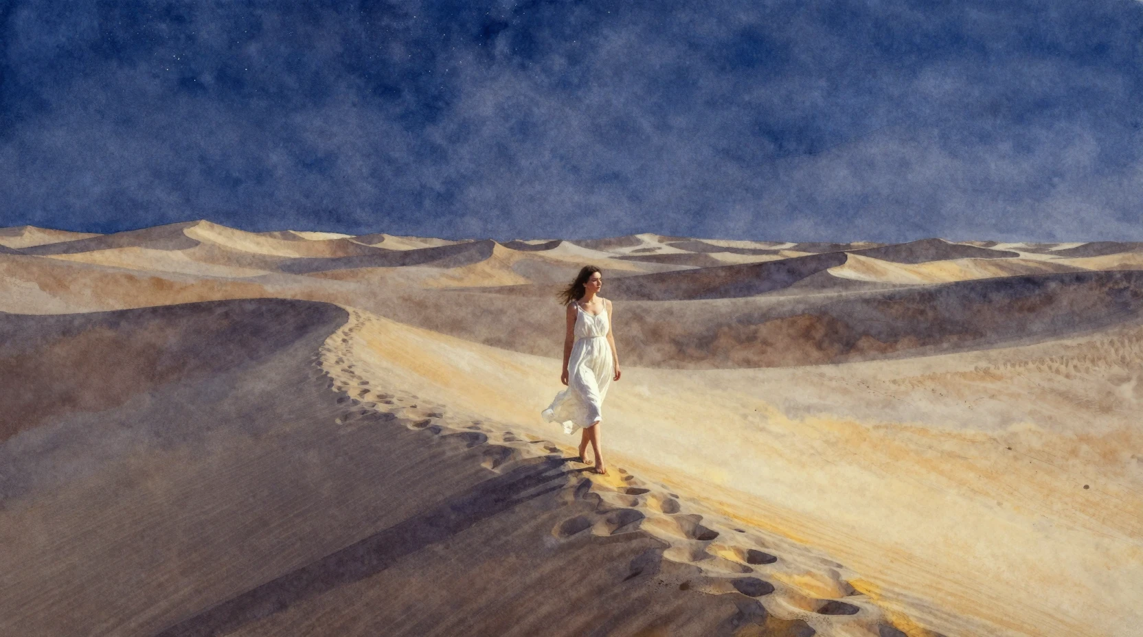 Giovane donna che cammina da sola tra dune indaco ad acquarello