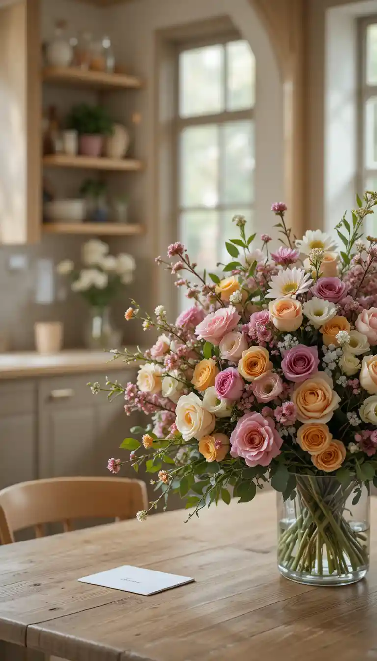 Grande buquê de flores sobre mesa de carvalho em interior iluminado