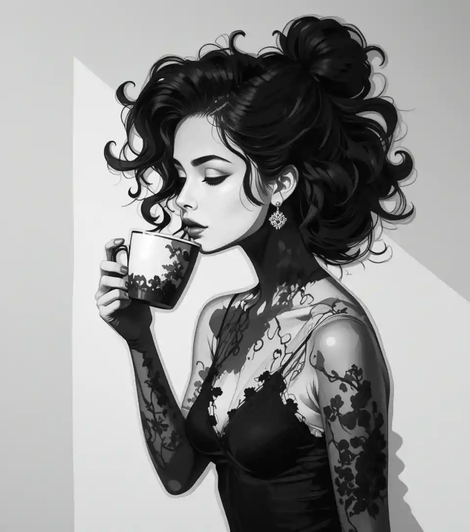 Woman curling her hair while sipping coffee in dramatic light