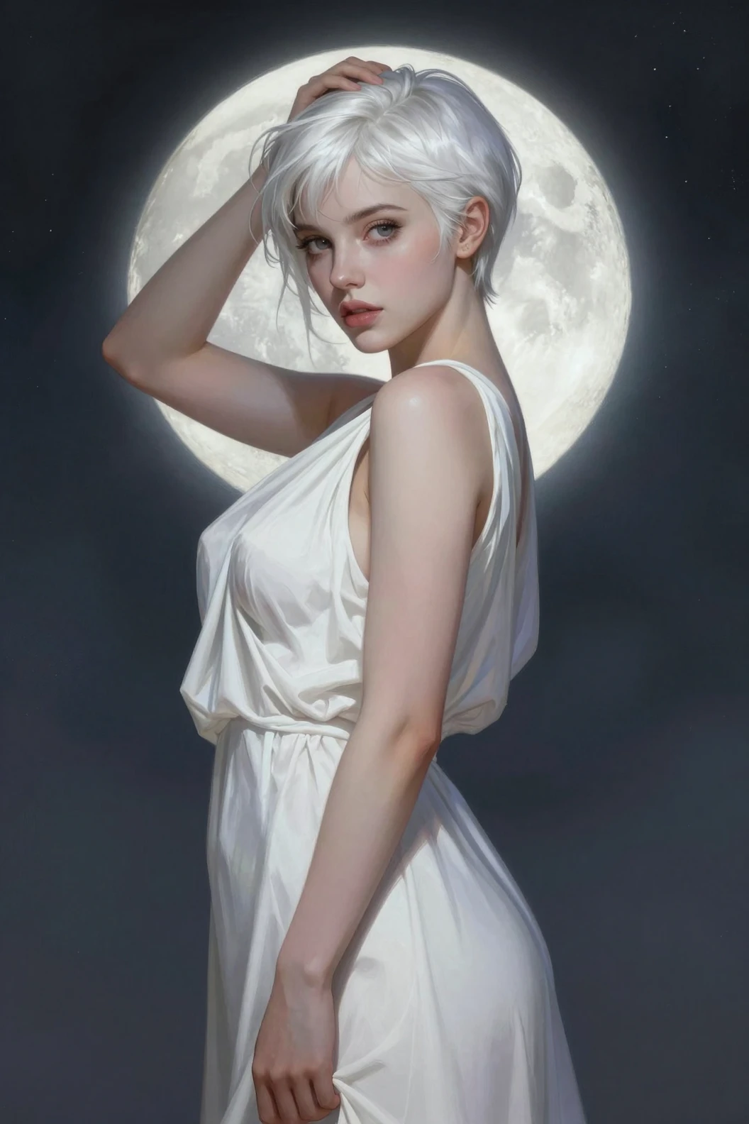 White haired girl in white dress before a full moon