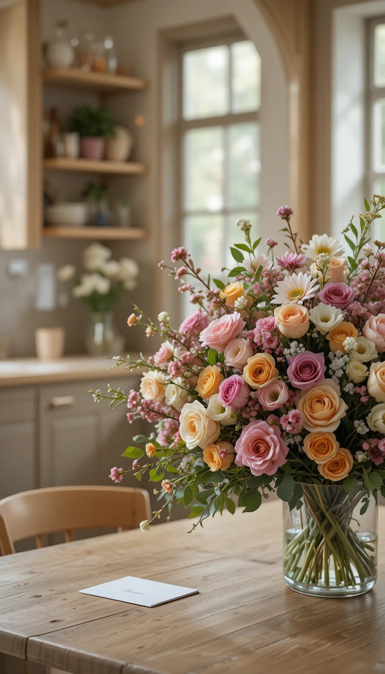 Gran ramo de flores sobre mesa de roble en interior luminoso