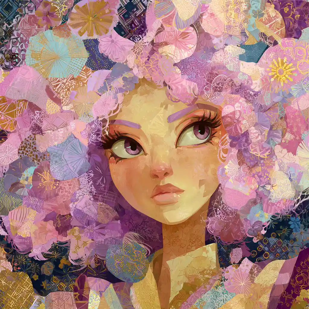 Playful pastel fantasy painting with geometric abstract shapes