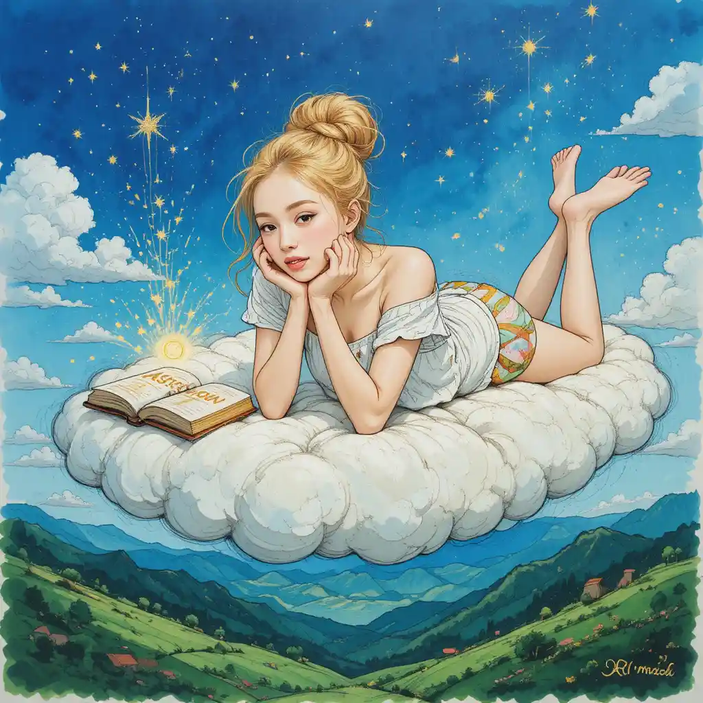 Femme blonde éthérée sur un nuage au-dessus d’un paysage vert et sauvage