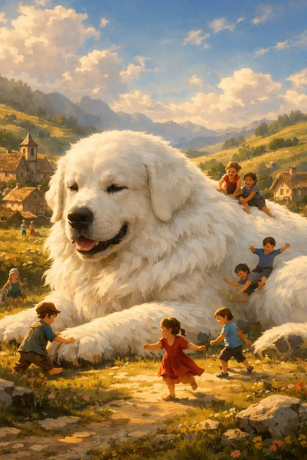 Giant white dog resting by a sunny countryside village