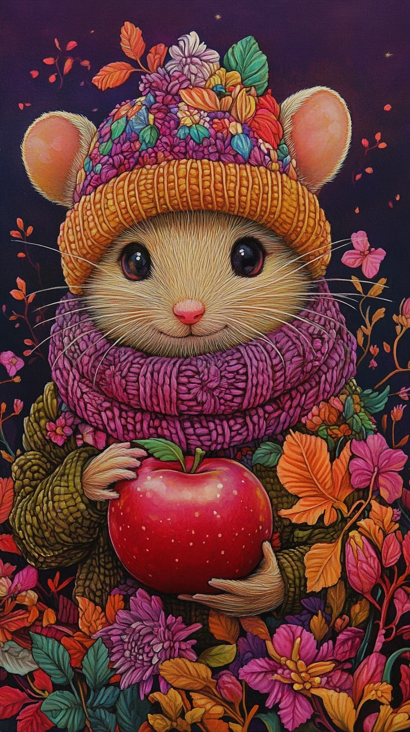 Cheerful mouse in knitted hat with apple and autumn leaves