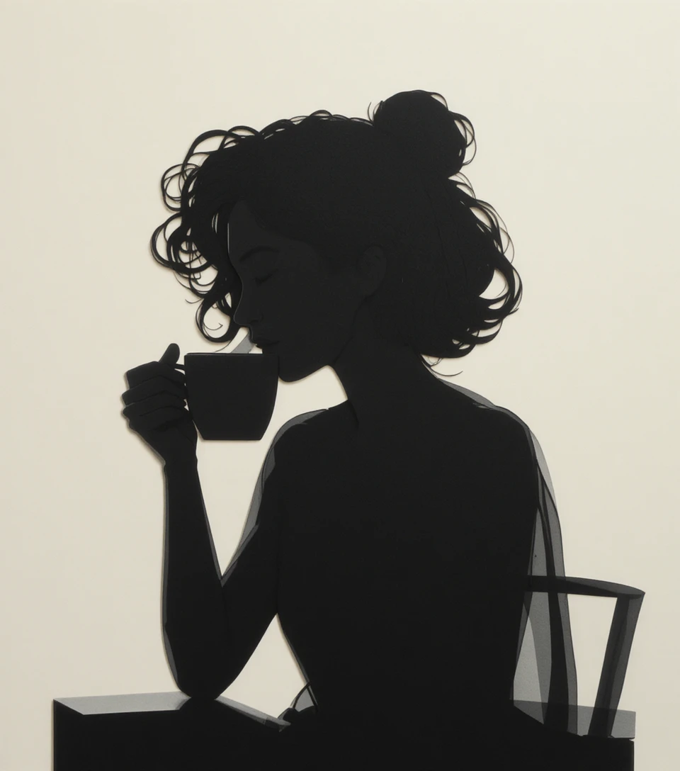 Donna che si arriccia i capelli mentre sorseggia caffè in una luce drammatica