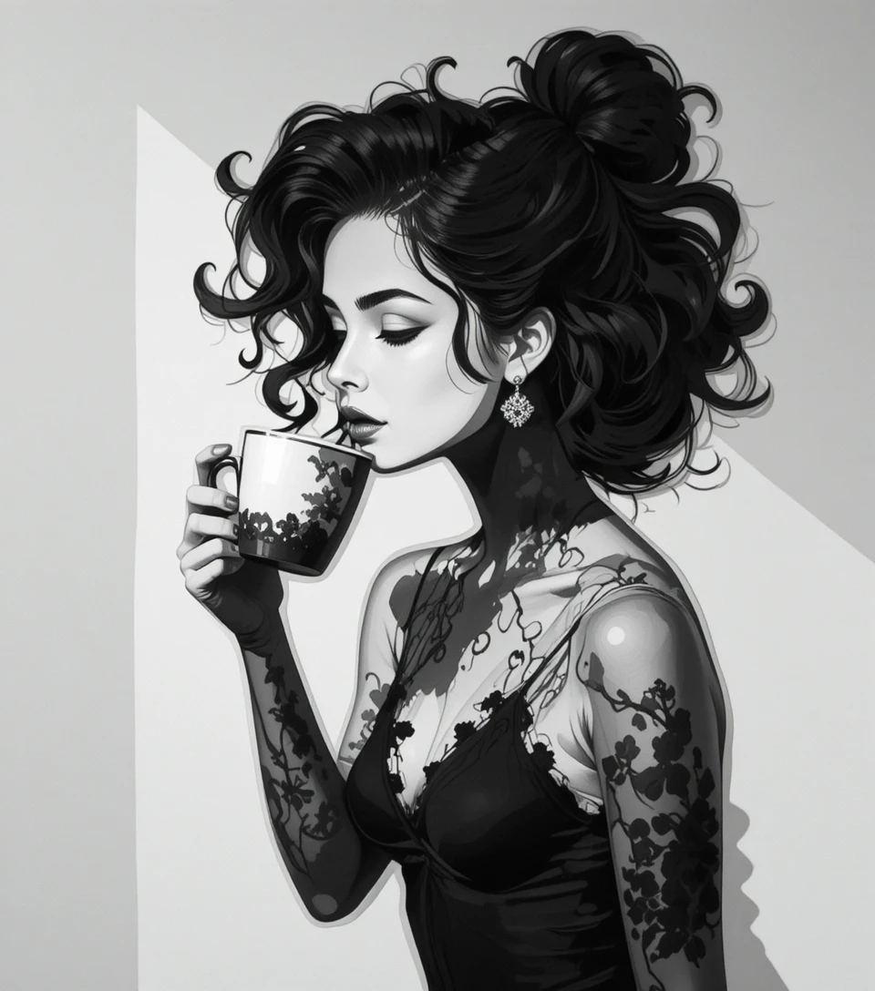 Woman curling her hair while sipping coffee in dramatic light