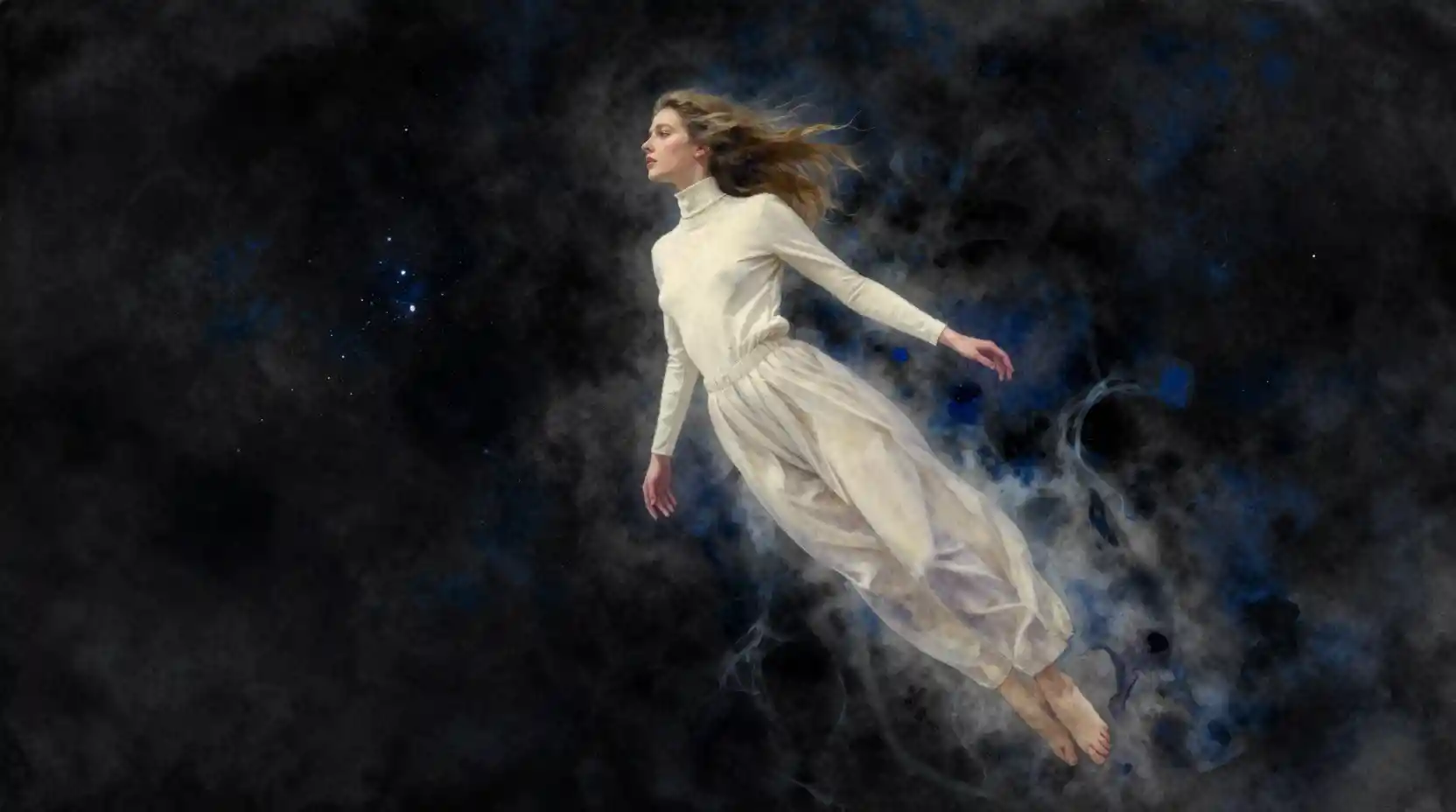 Young woman floating alone in a dark cosmic void