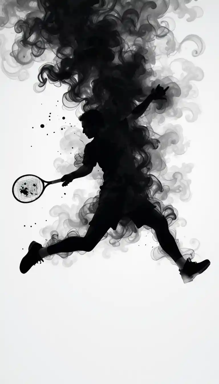 Silhouette dinamica di tennis in vortici di inchiostro nero in movimento
