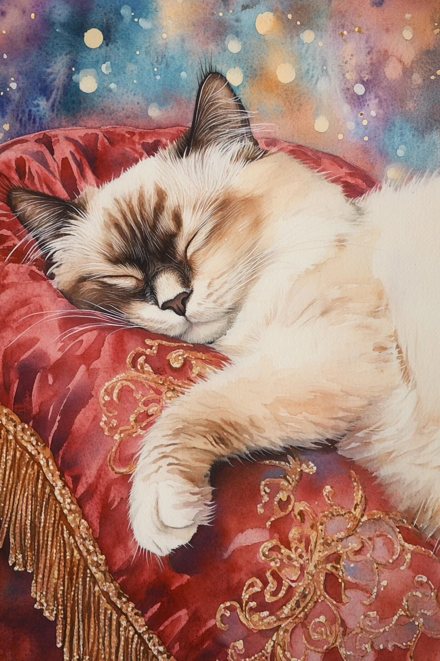 Sleeping ragdoll cat on red velvet cushion watercolor painting