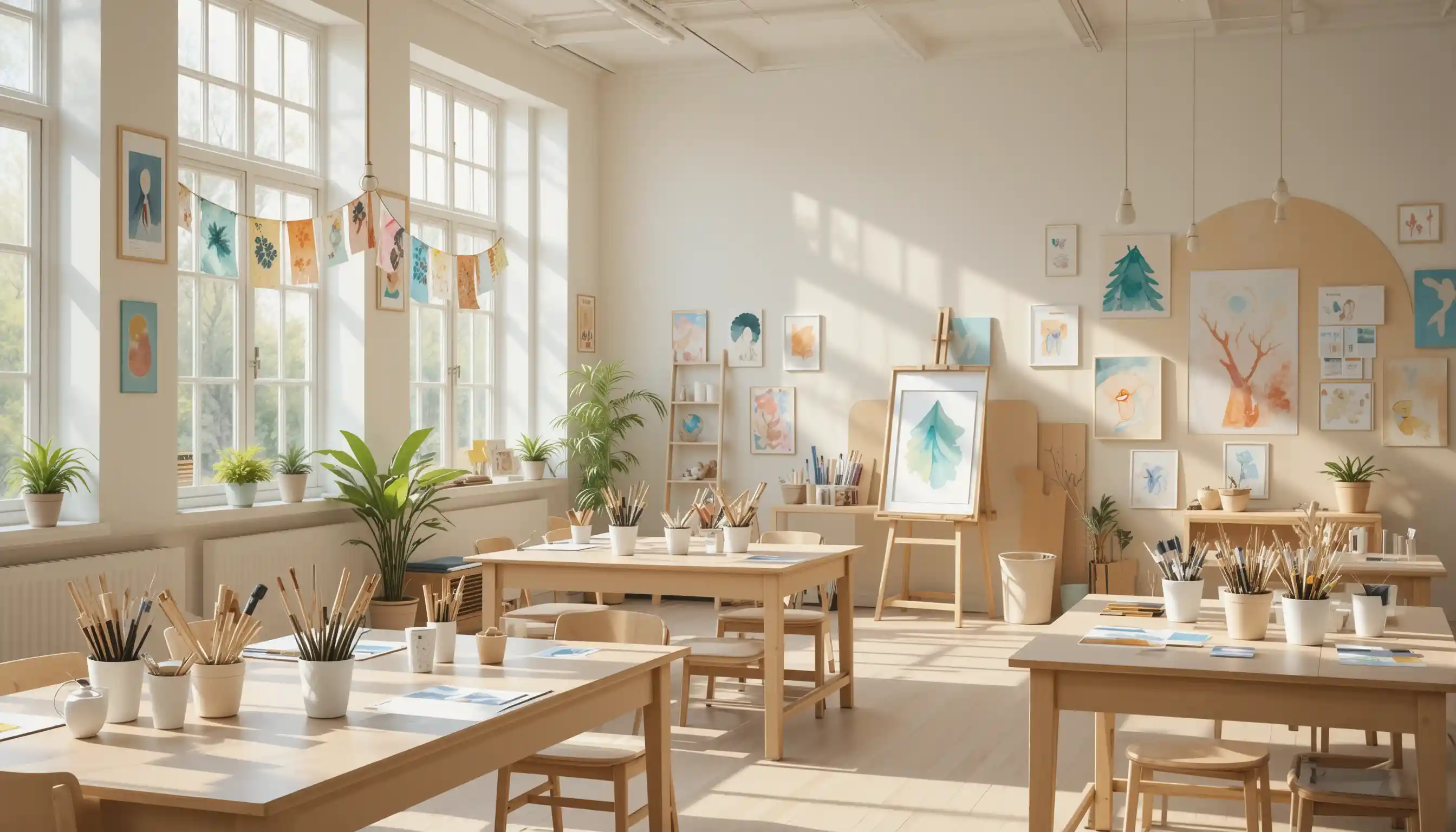 Luminoso studio d’arte per bambini con dipinti ad acquerello