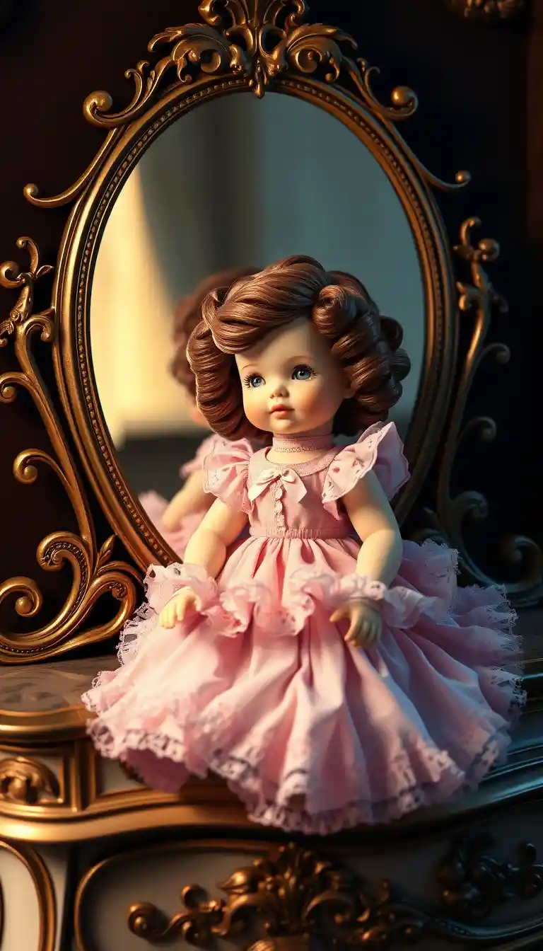 Porcelain baby doll on antique vanity in dramatic light