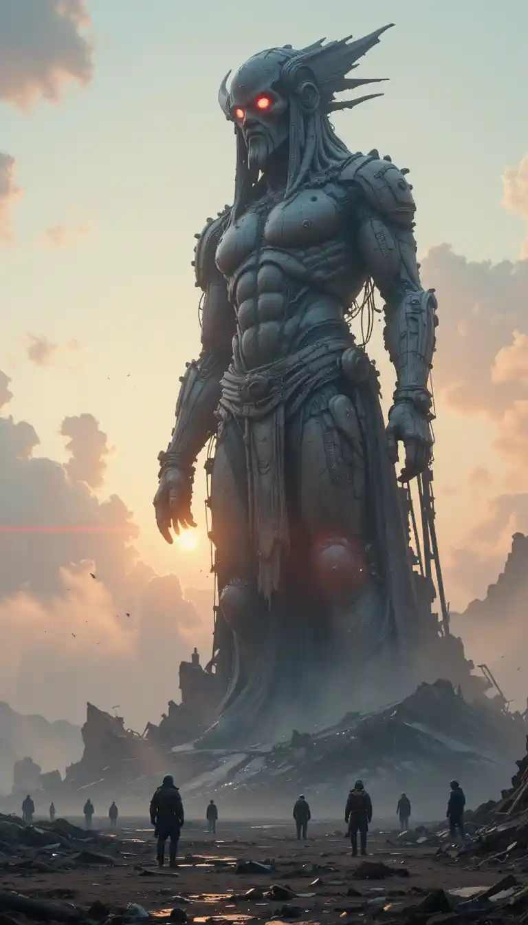 Ancient colossus in a ruined post apocalyptic dusk landscape