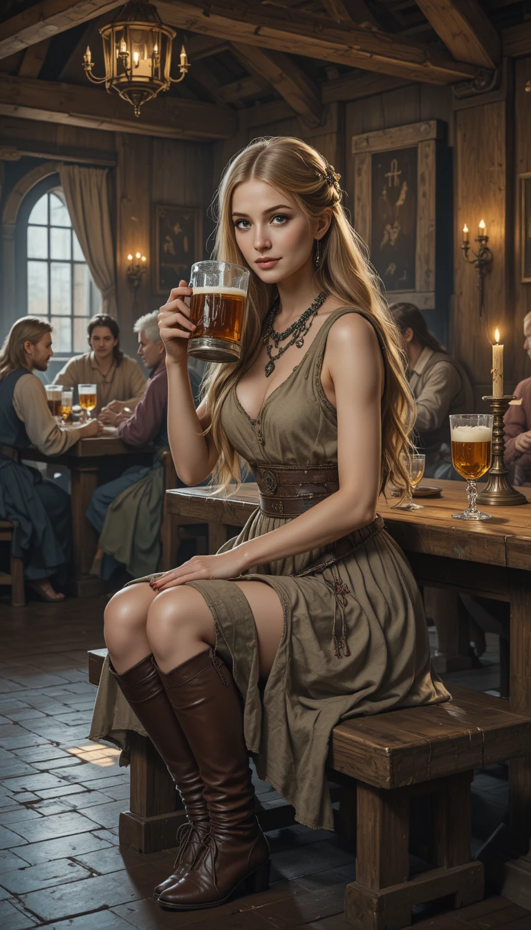 Chica nórdica sonriente bebiendo hidromiel en una taberna medieval