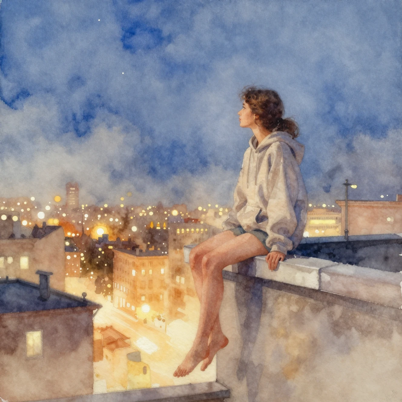 Jovem em um telhado em uma suave cena noturna em aquarela