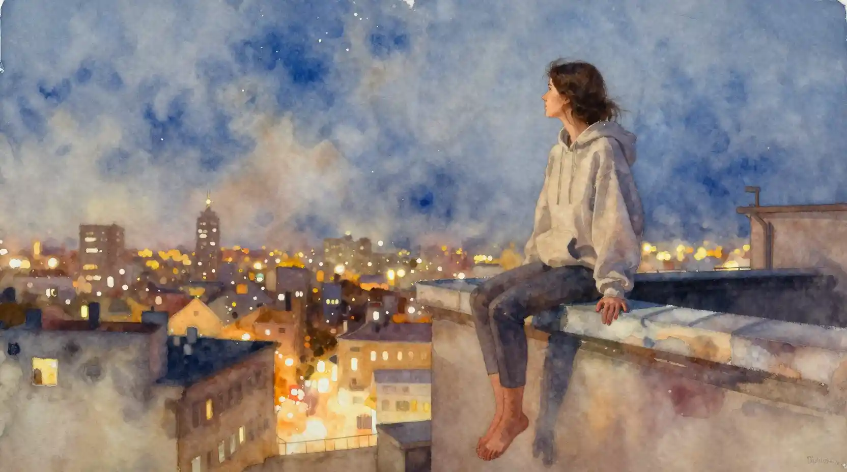 Young woman on a rooftop in a calm watercolor night city