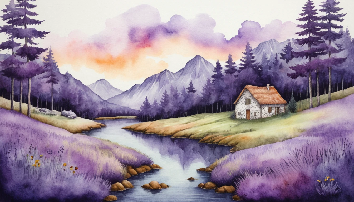 Watercolor wild violets blooming in a natural flower field