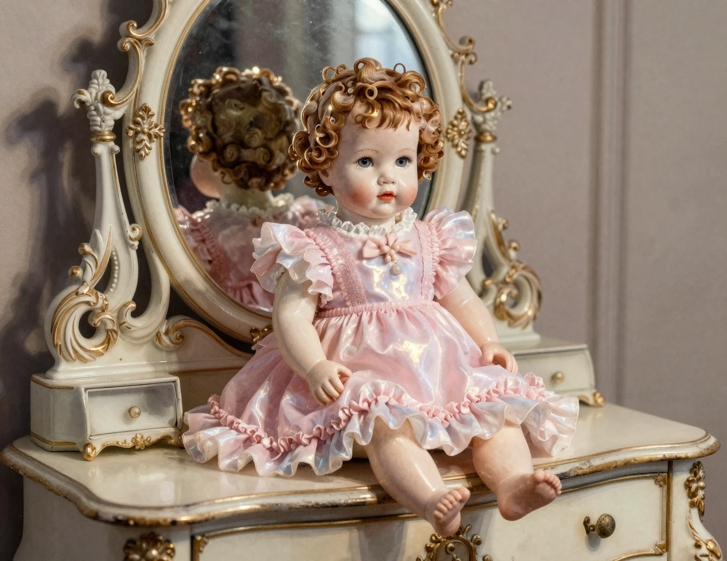 Porcelain baby doll on ornate vanity in soft golden light