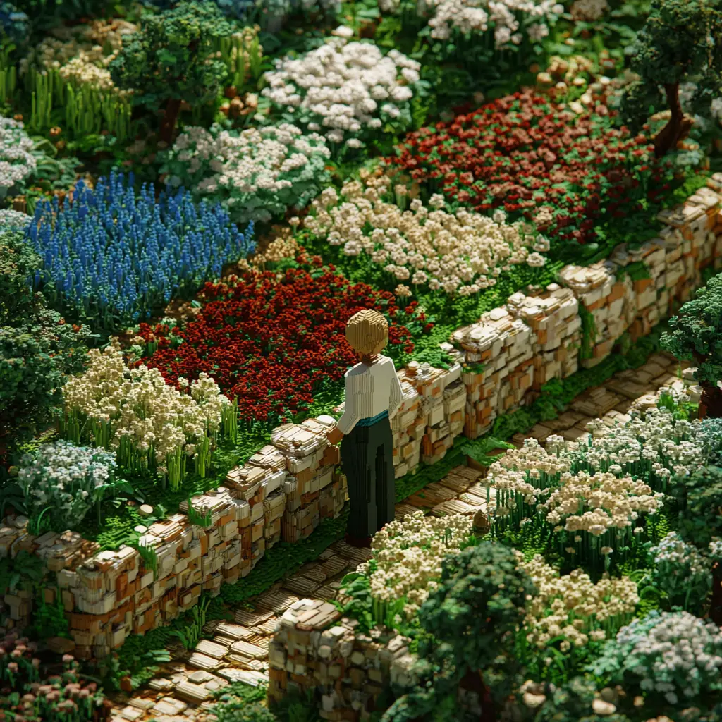 Woman Looking Over Spring Flower Garden On Sunny Day