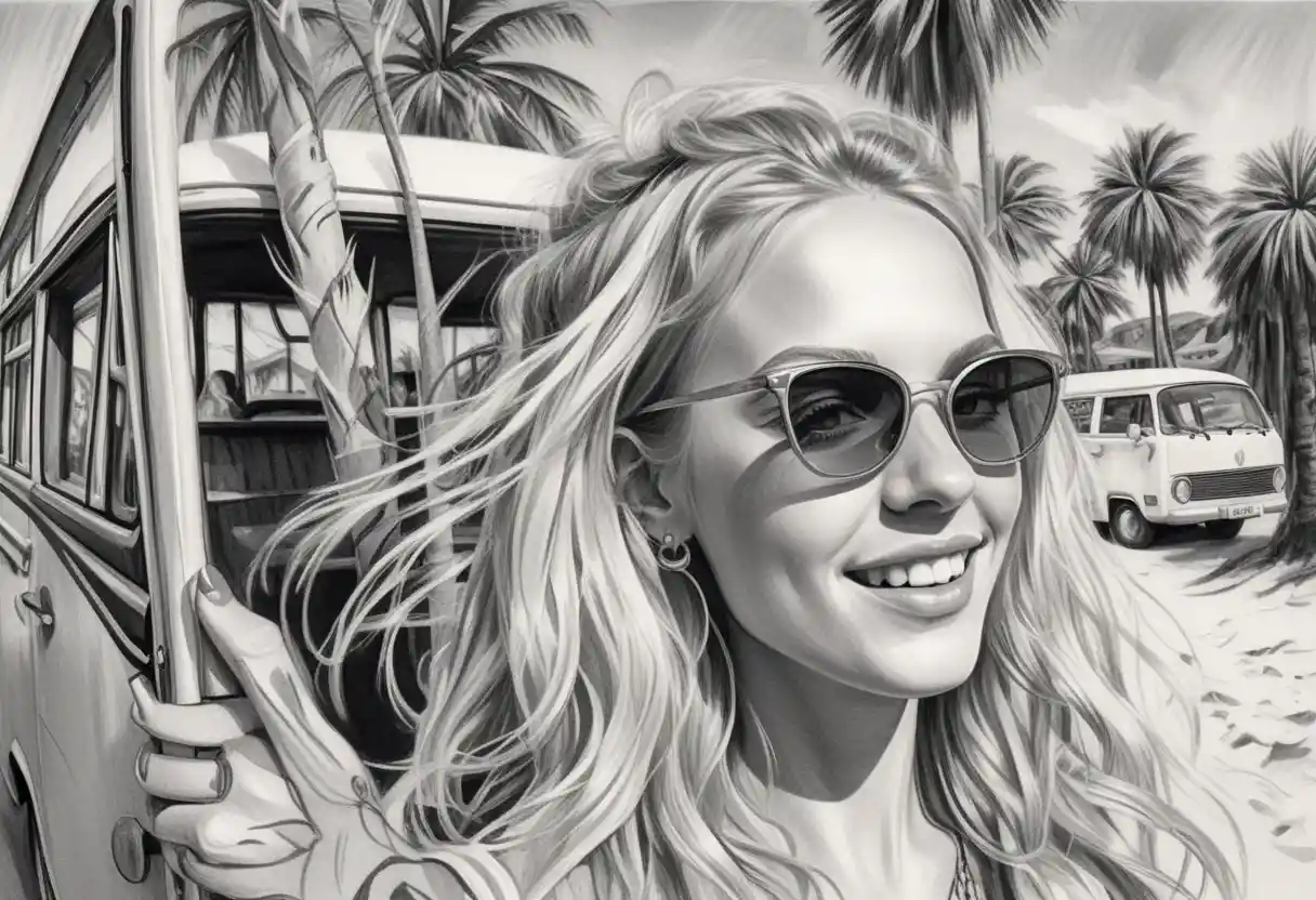 Flirtatious hippie woman in pencil sketch on sunny beach