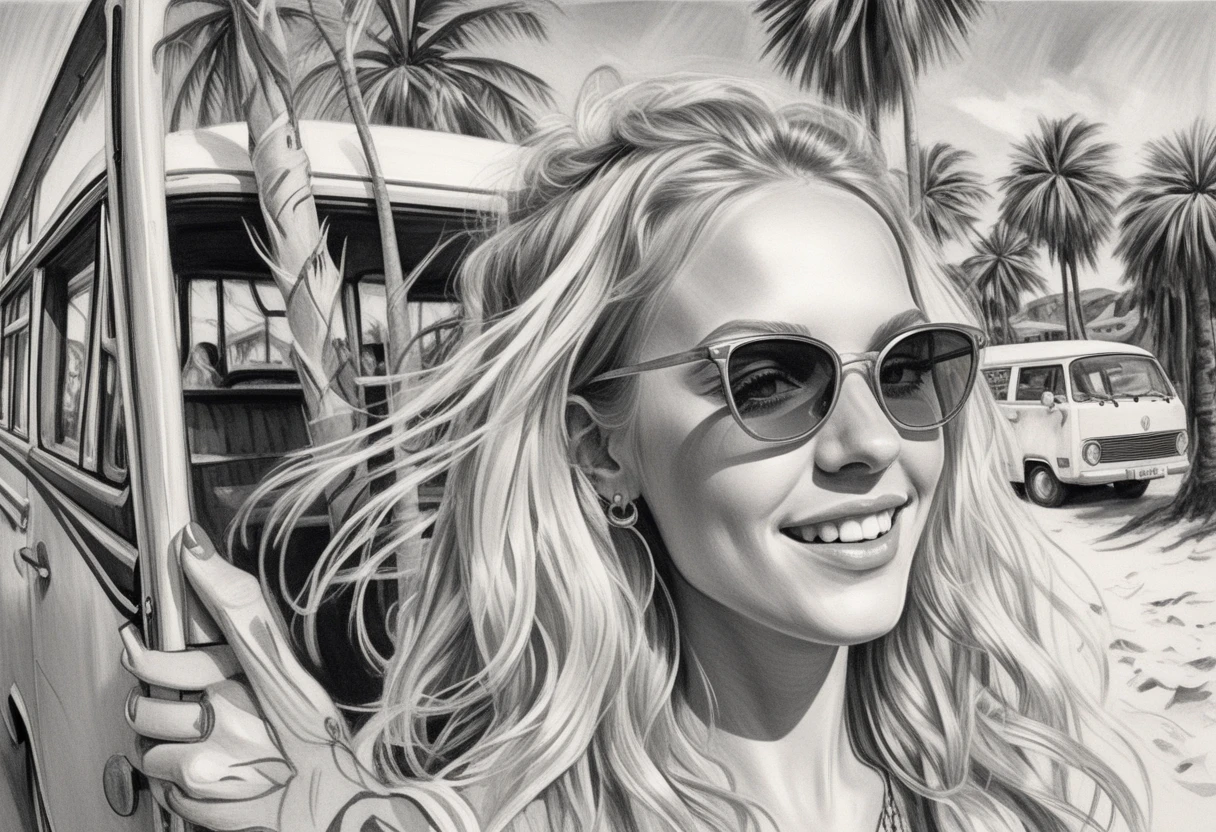Flirtatious hippie woman in pencil sketch on sunny beach