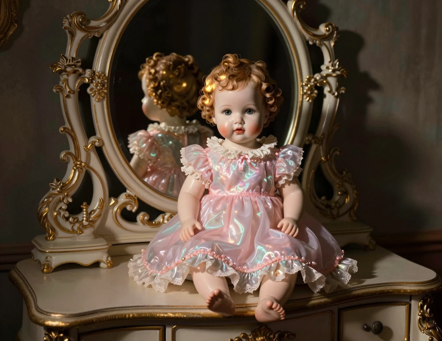 Porcelain baby doll on antique vanity in dramatic light