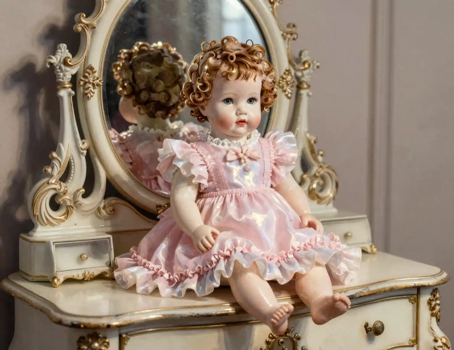Porcelain baby doll on ornate vanity in soft golden light