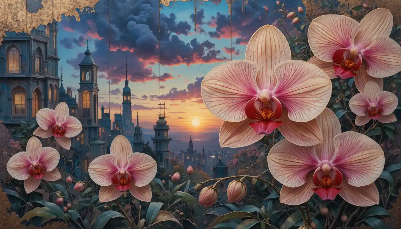 Collage di orchidee in mixed media su tela testurizzata con finestra