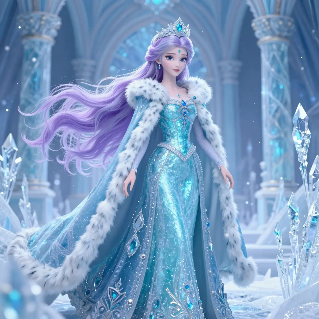 Ice princess in lilac hair and turquoise crystal gown