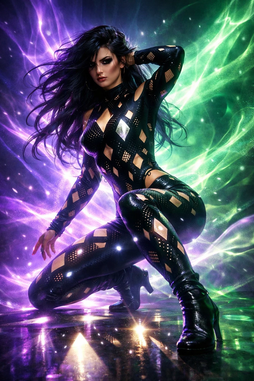 Femme au style edgy en pose dynamique de plein pied avec lumière éclatante