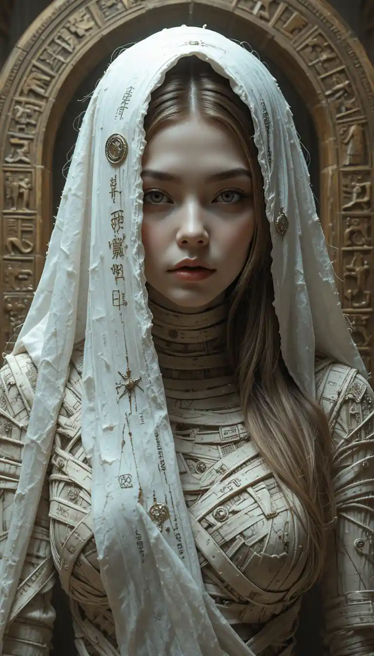 Mystical woman emerging from an ancient eastern tomb