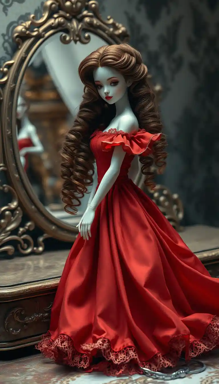 Poupée de porcelaine en robe rouge près d’un miroir de coiffeuse orné