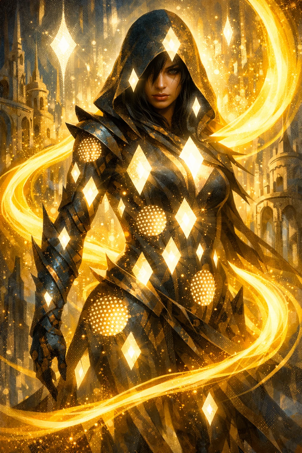 Femme fantastique surréaliste aux découpes en diamant et à la lumière éclatante
