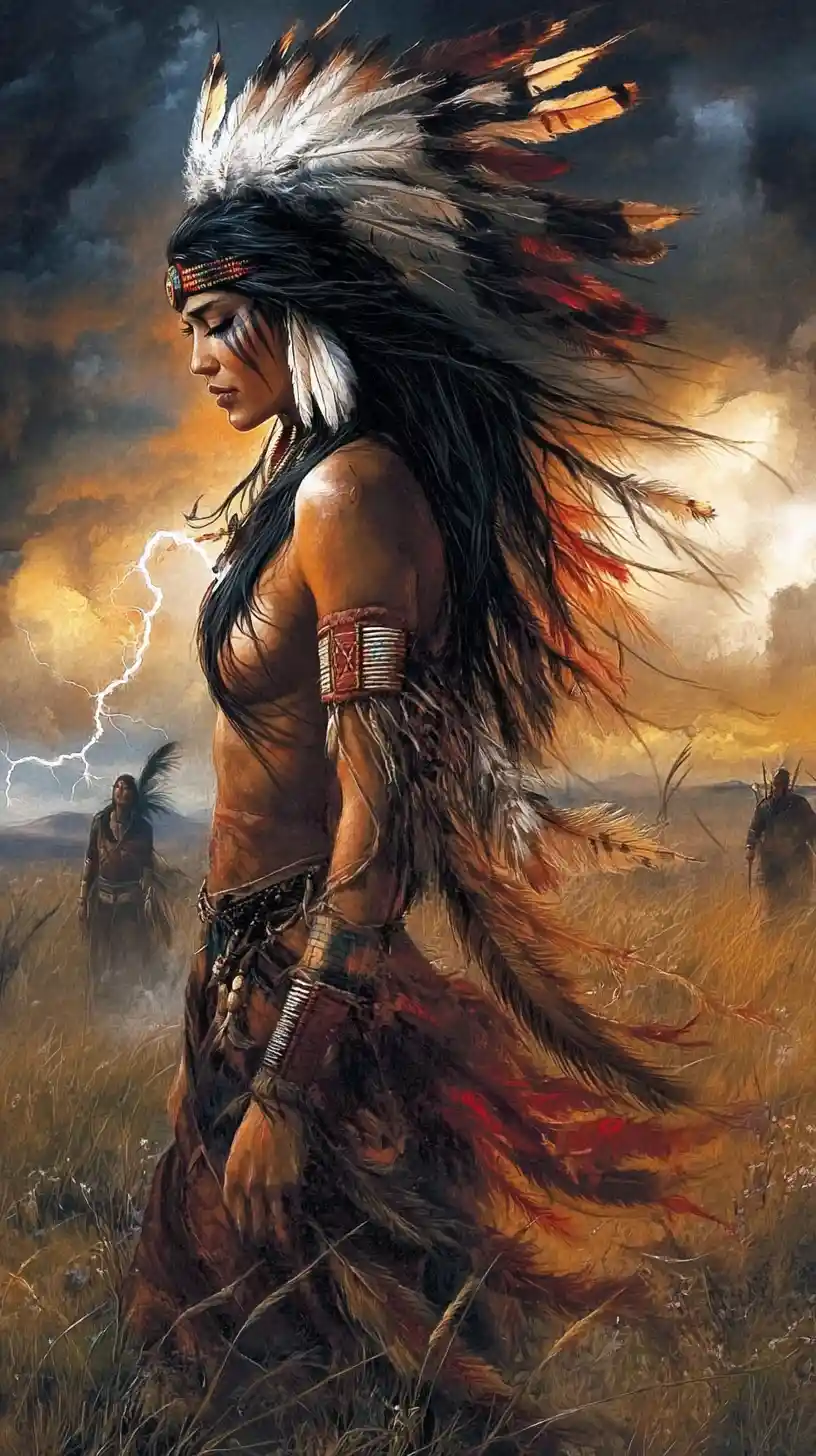 Smiling Native American warrior woman in a stormy prairie