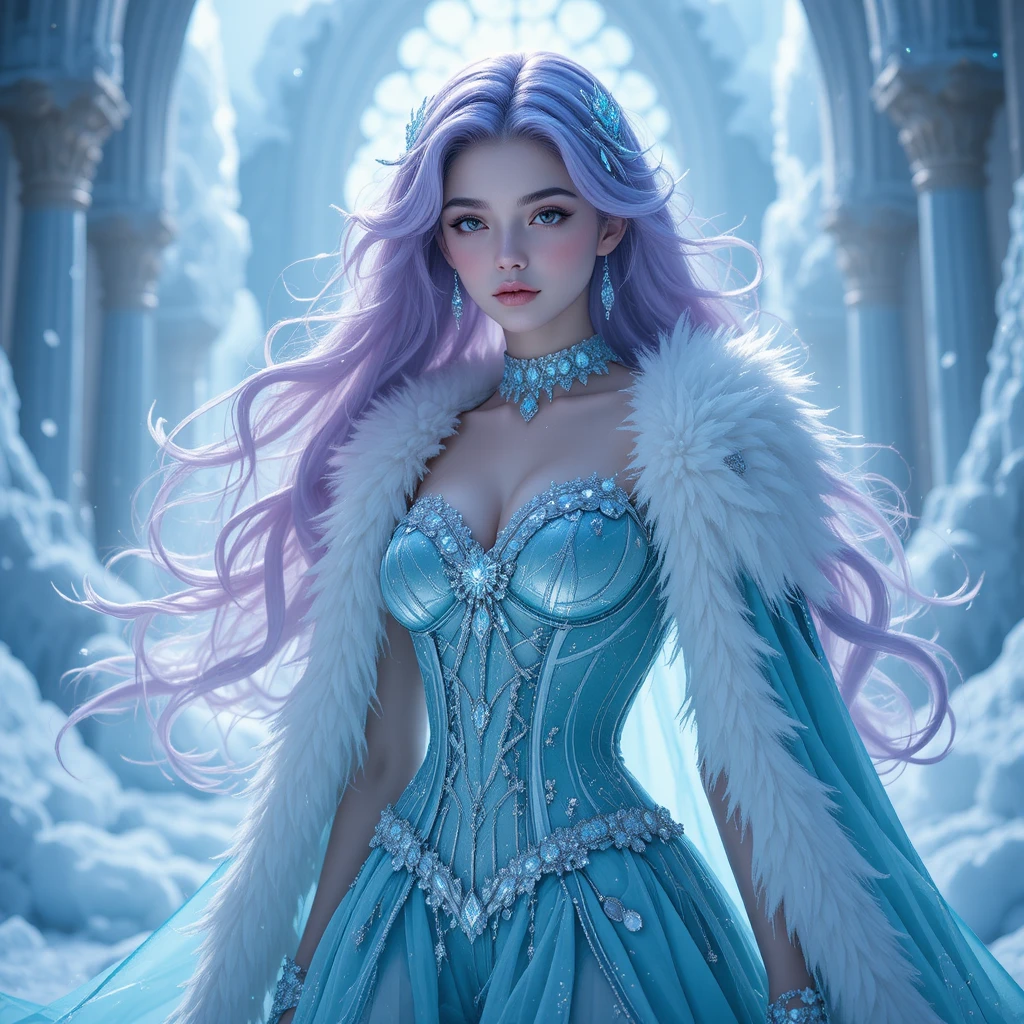 Fantasy ice princess in turquoise gown within crystal palace