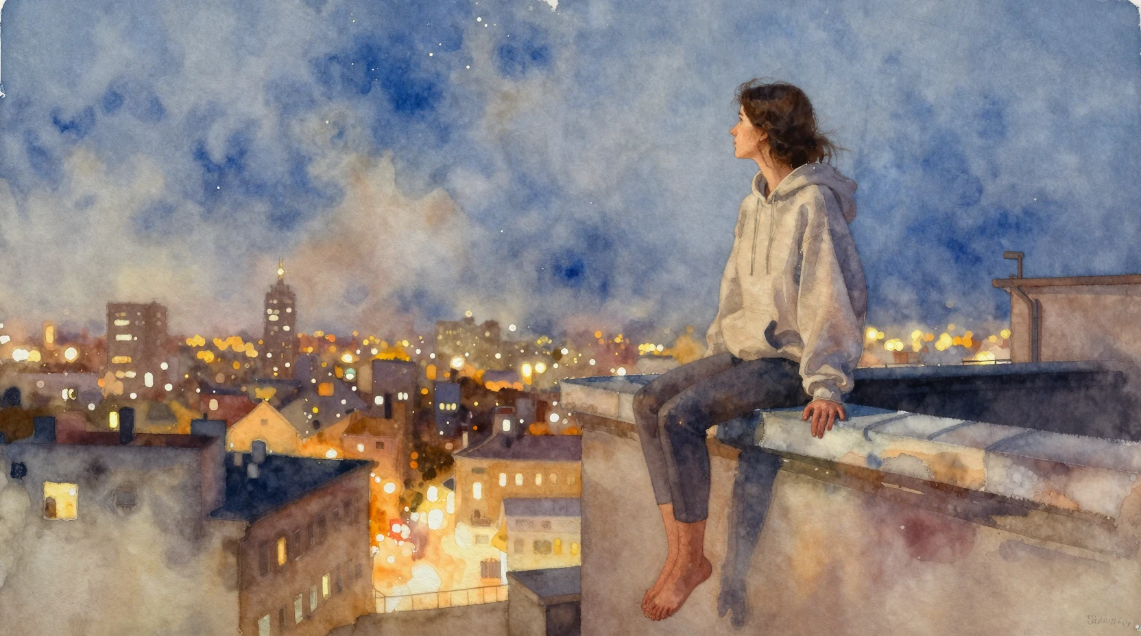 Young woman on a rooftop in a calm watercolor night city
