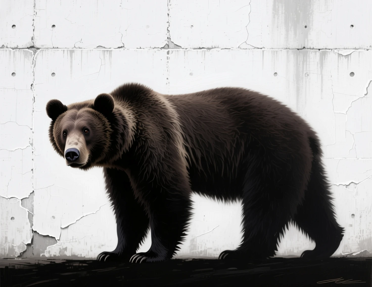Silueta de un oso pardo distorsionado contra una pared blanca