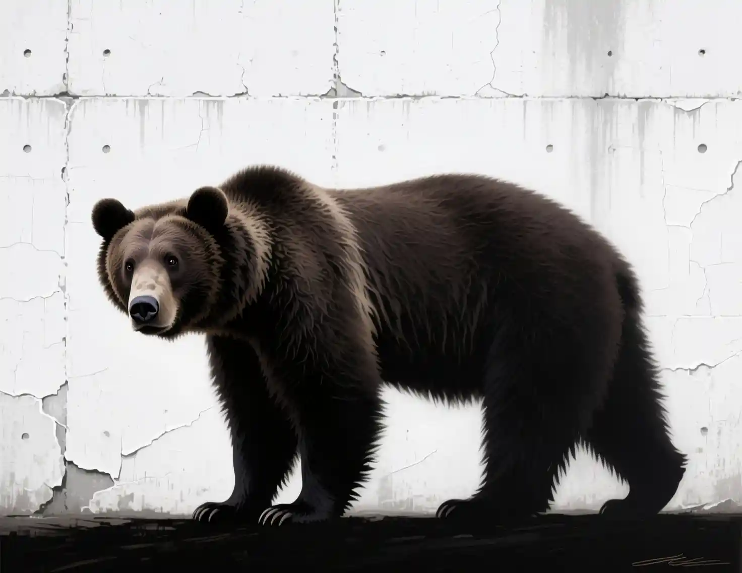 Silhouette of a distorted brown bear against white wall