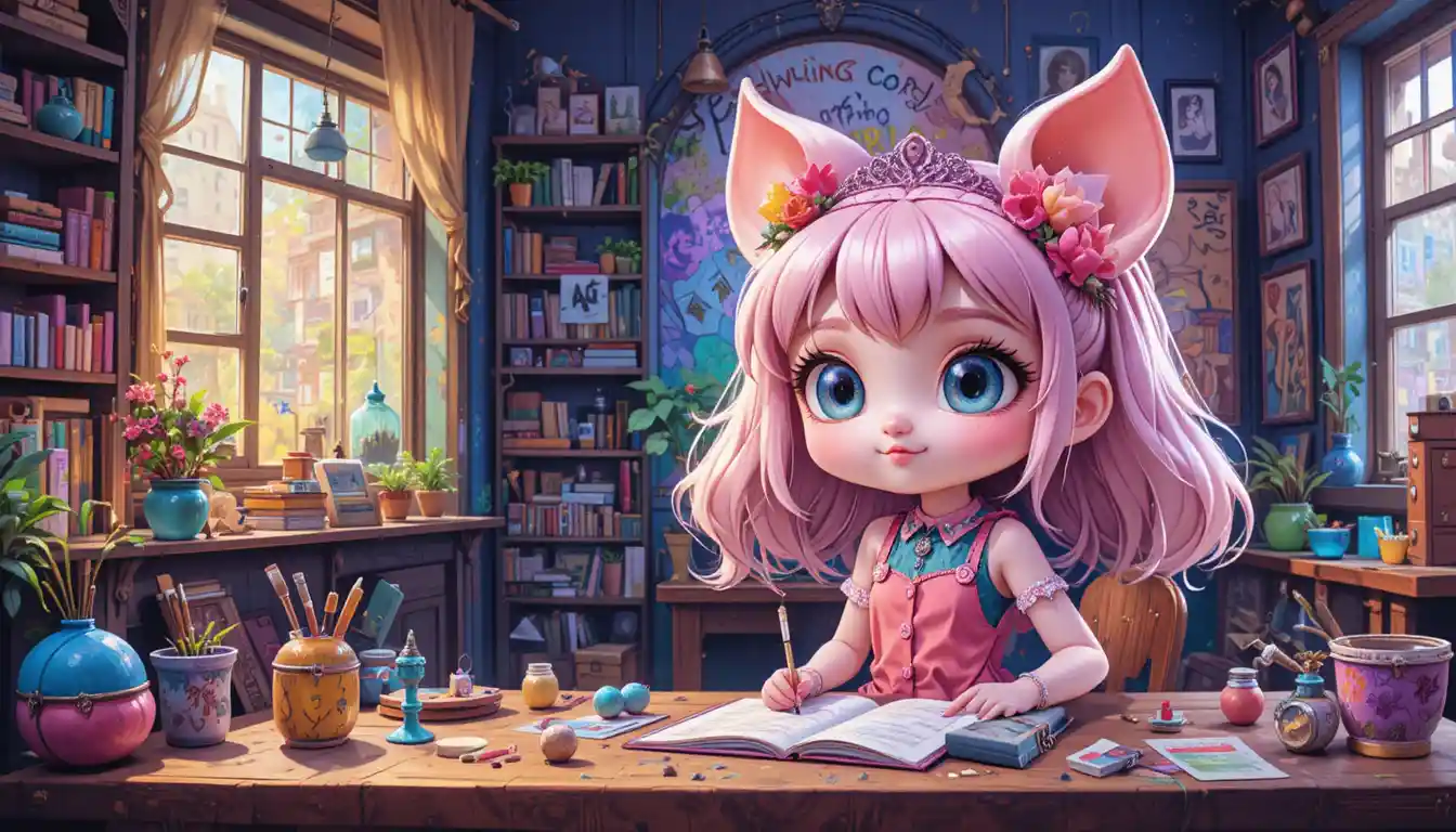 Cute girl in a neon graffiti art studio illustration