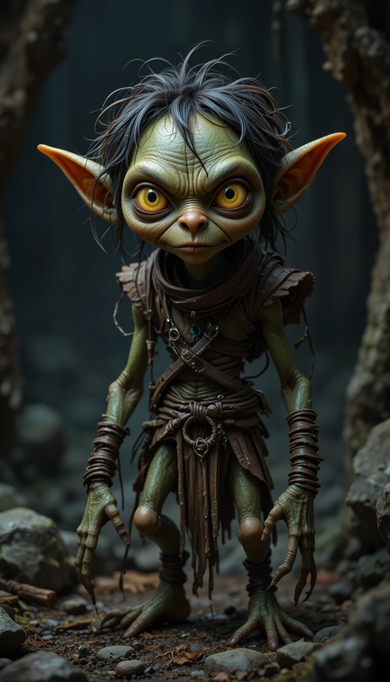 Duende verde amenazante al acecho en un bosque oscuro