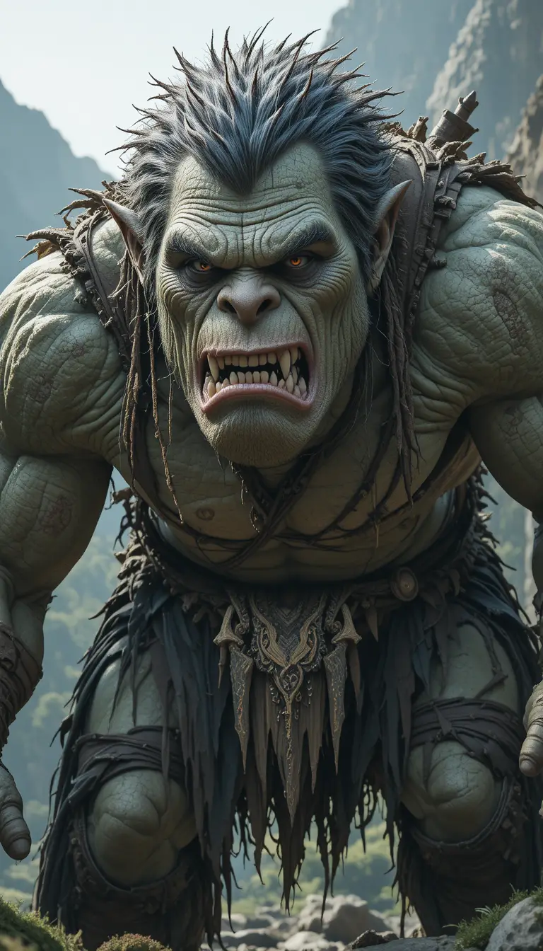 Gigantic muscular troll standing in a rugged mountain landscape
