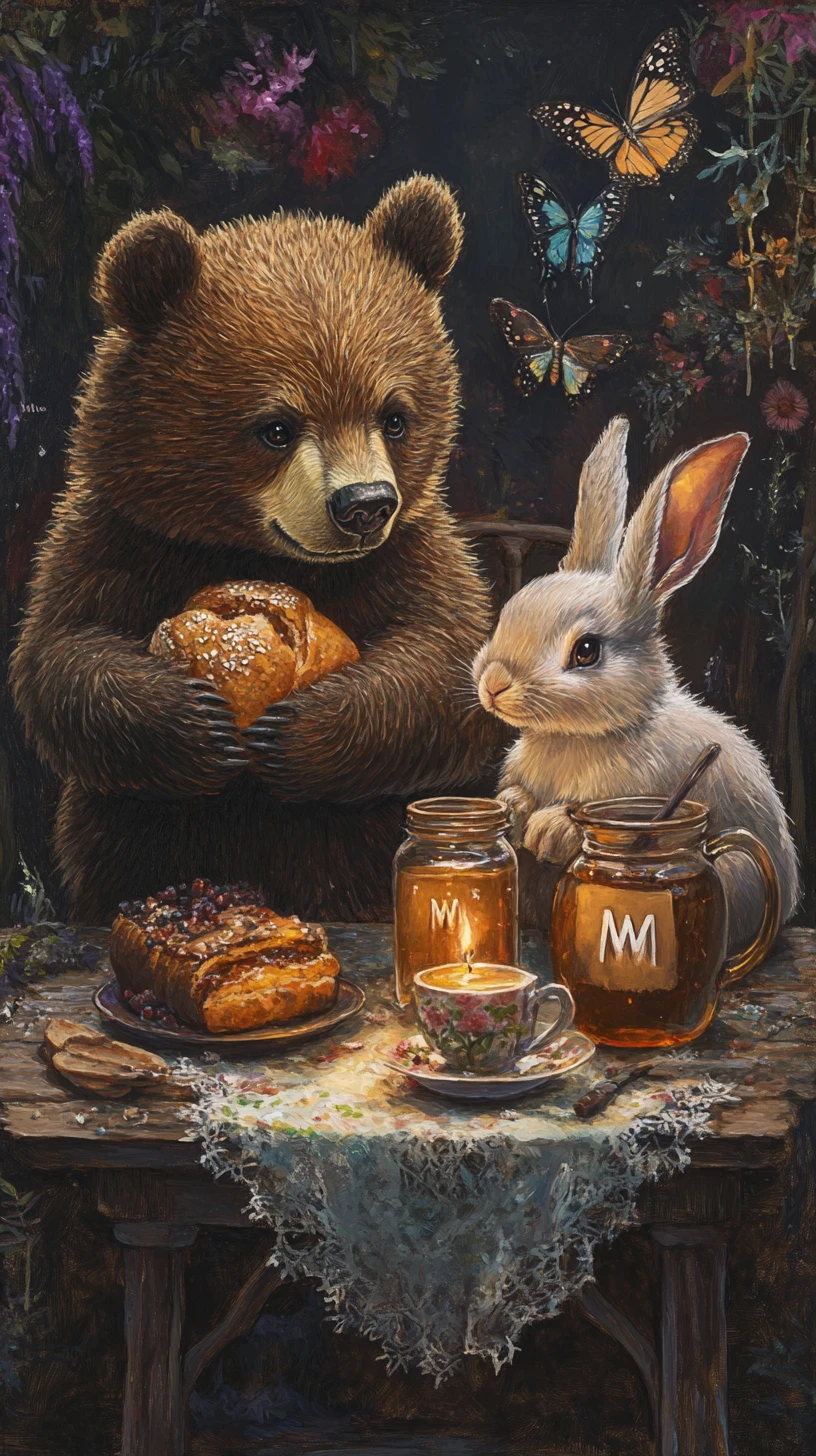 Oso y conejo compartiendo pan y miel en una mesa acogedora