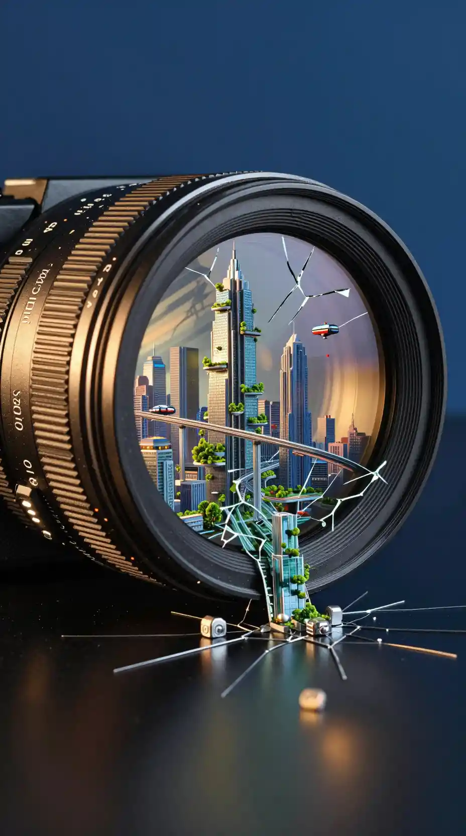 Gros plan d’un objectif d’appareil photo fissuré révélant une ville futuriste