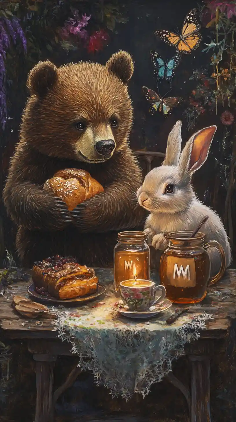 Oso y conejo compartiendo pan y miel en una mesa acogedora
