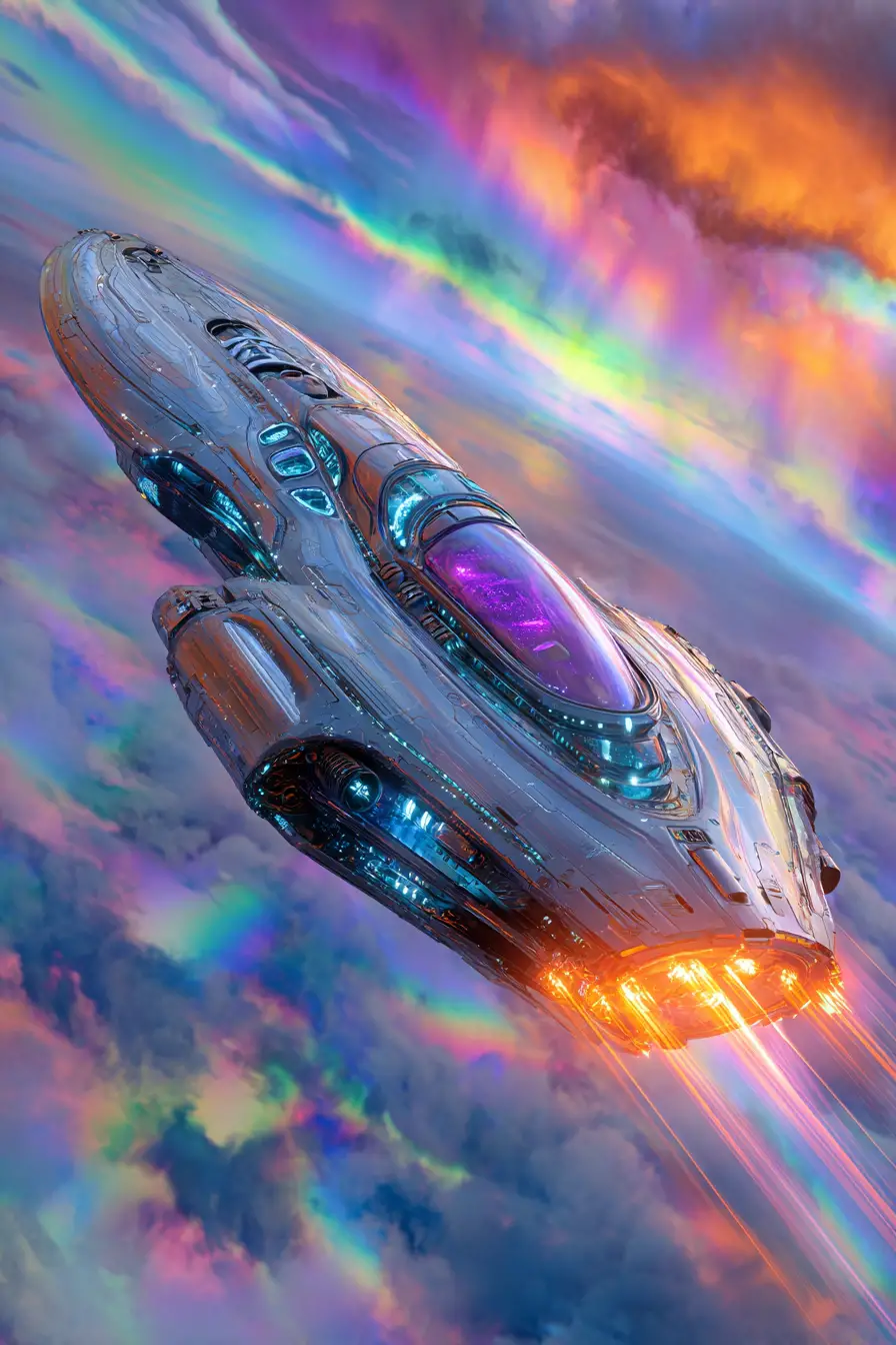 Silver rocket spaceship soaring through colorful cosmic clouds