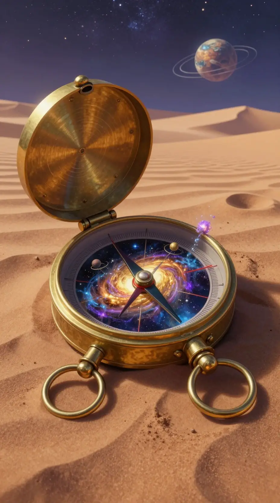Surreal brass compass holding a swirling golden galaxy